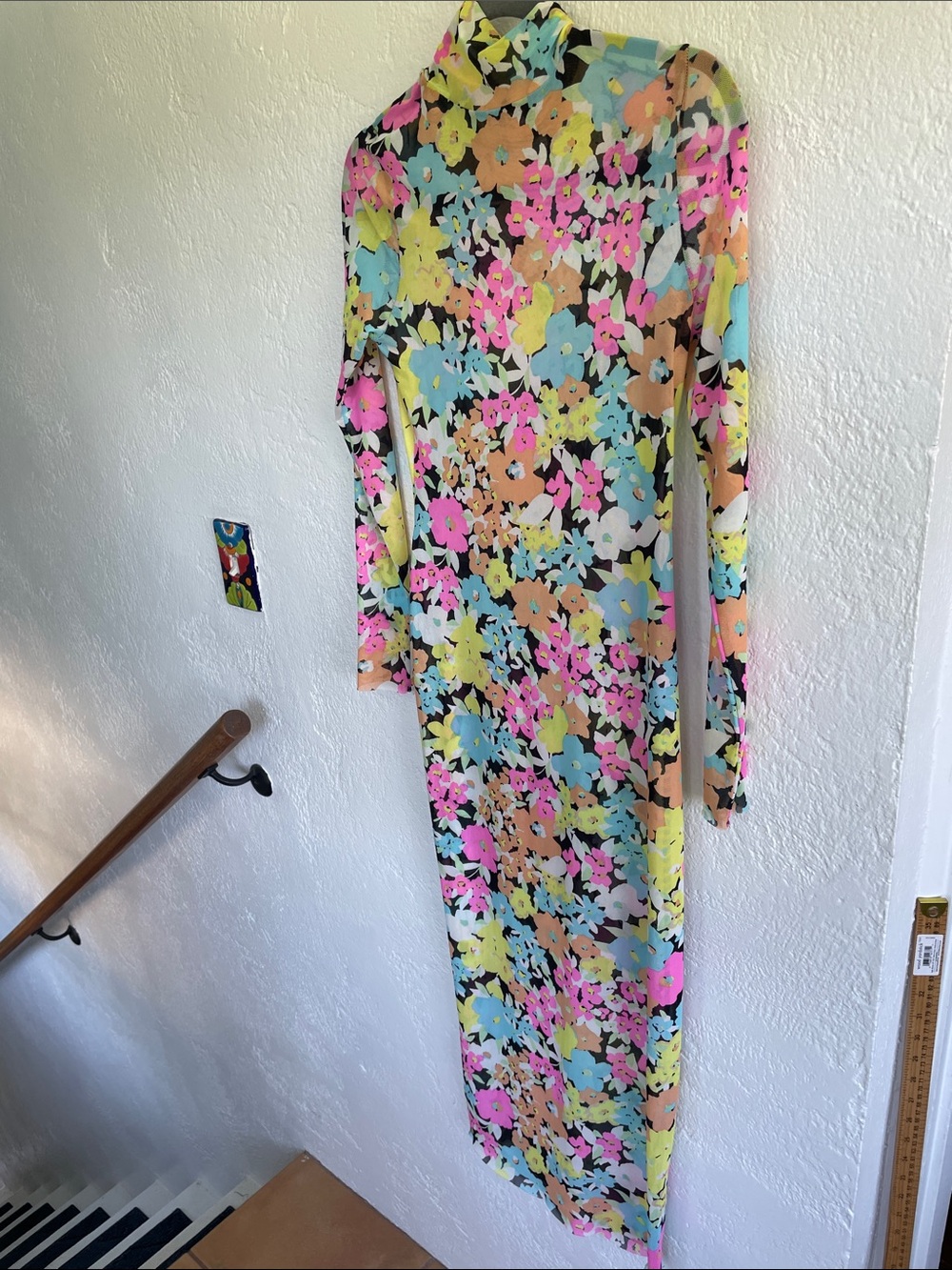 AFRM Floral Mesh Long Sleeve maxi Dress -pink blue yellow Medium - Picture 6 of 6
